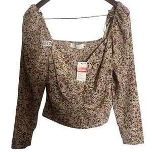 Astr Floral Square Neck Long Sleeve Blouse in Cream and Purple